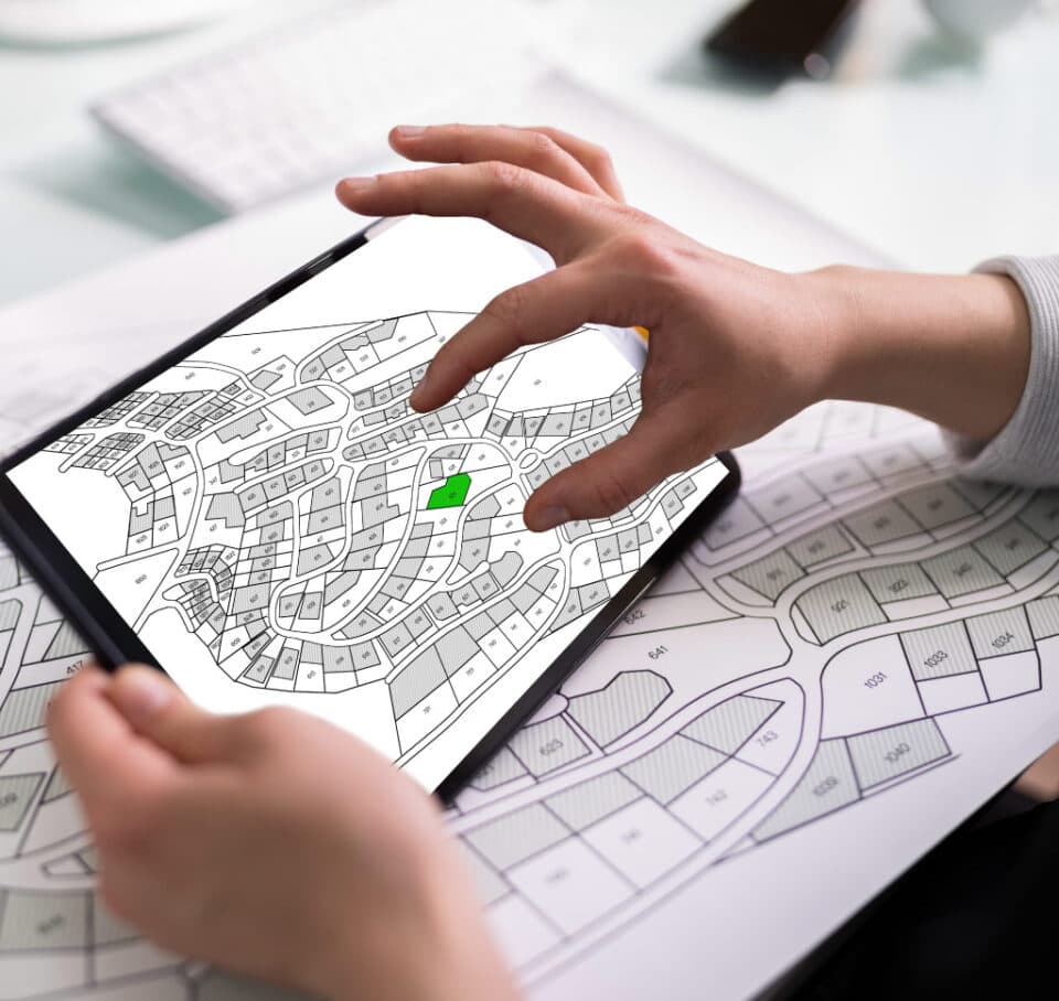 Hand pinch zooming into a neighbourhood map being shown on a tablet