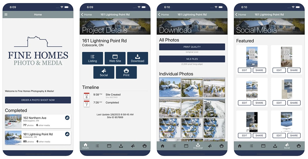 screenshot of 4 different screens of mobile app